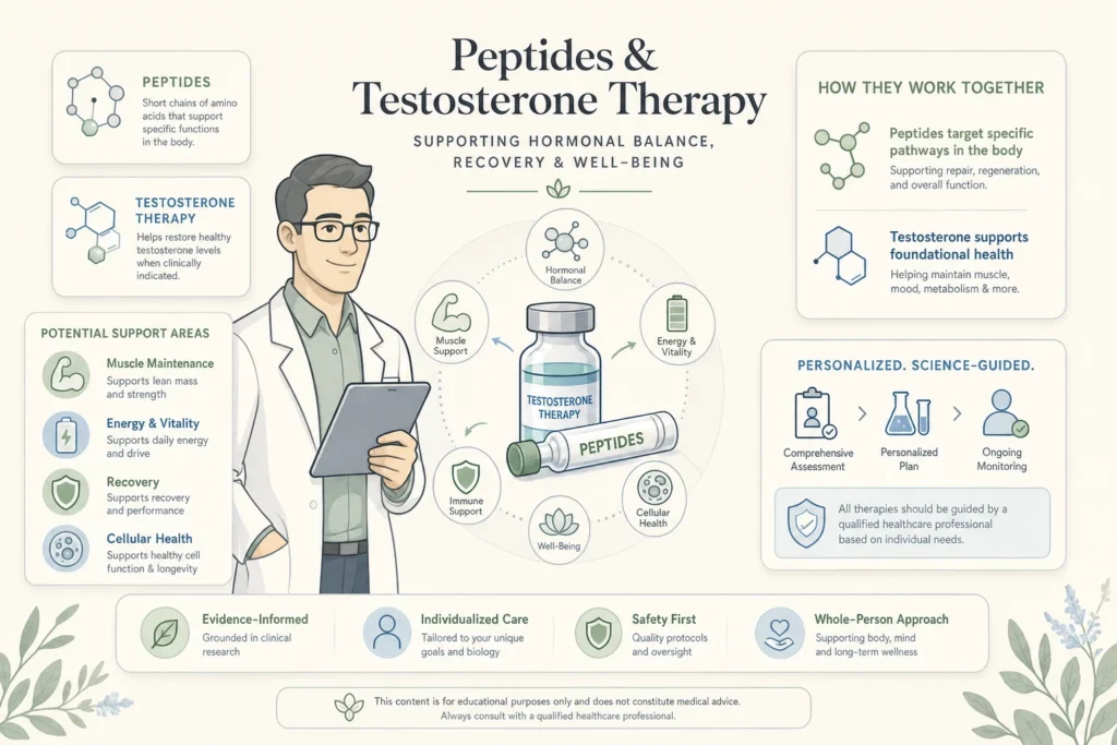 Illustration of Peptides and Testosterone Therapy: How They Work Together for Men’s Health in a modern medical wellness setting