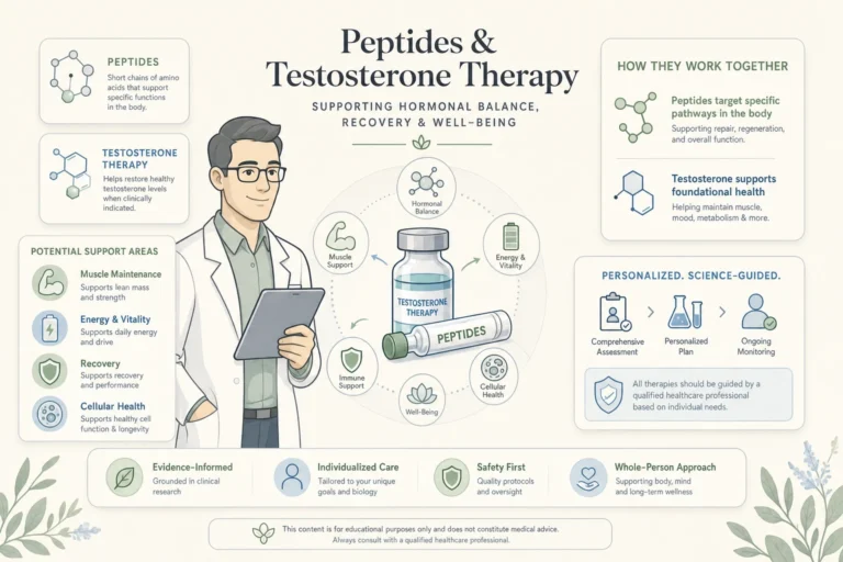 Illustration of Peptides and Testosterone Therapy: How They Work Together for Men’s Health in a modern medical wellness setting