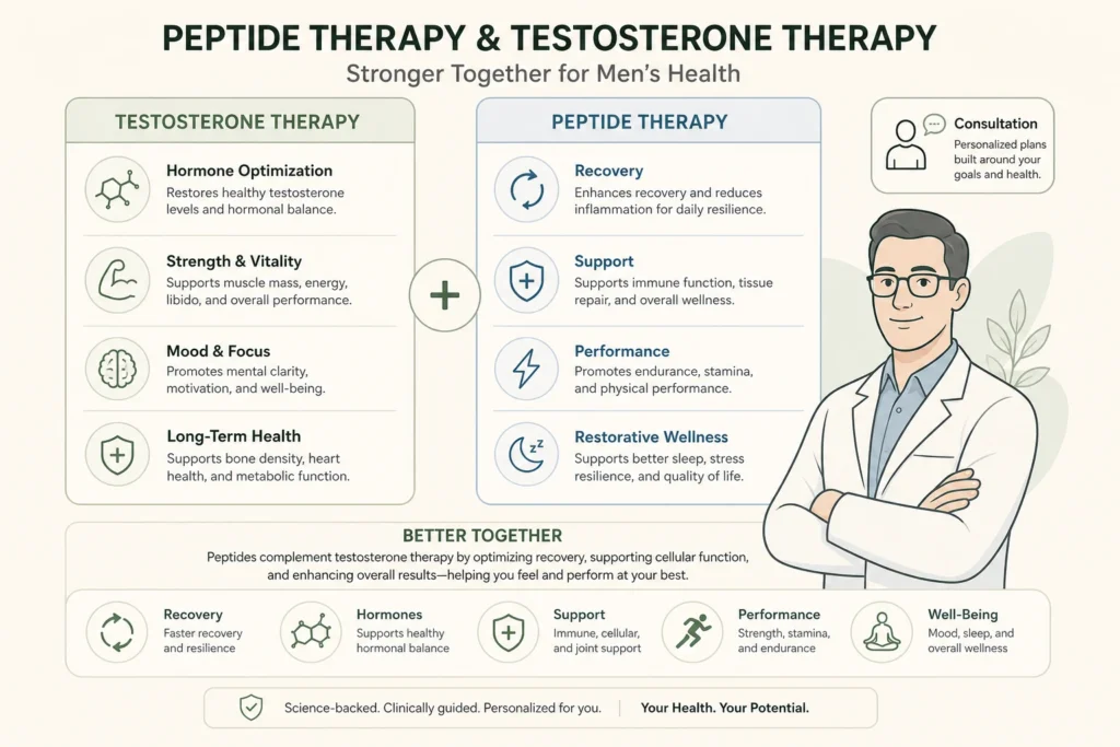 Supporting illustration for Peptides and Testosterone Therapy: How They Work Together for Men’s Health in a modern medical wellness setting