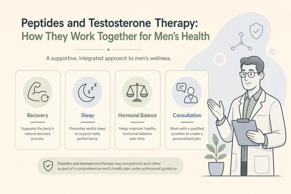 Supporting illustration for Peptides and Testosterone Therapy: How They Work Together for Men’s Health in a modern medical wellness setting