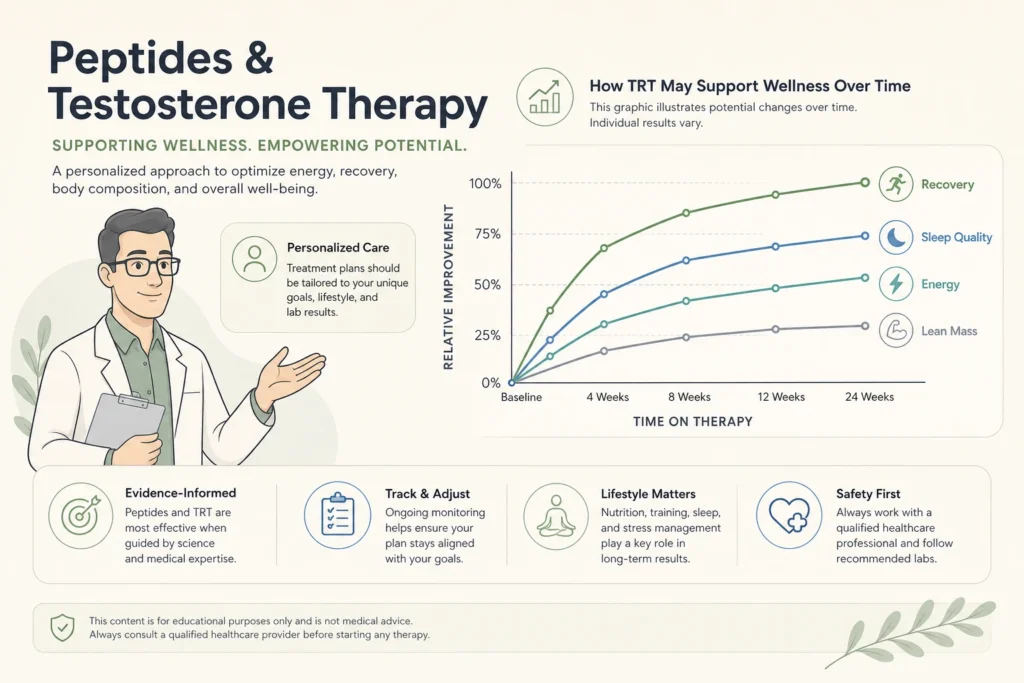 Supporting illustration for Peptides and Testosterone Therapy: How They Work Together for Men’s Health in a modern medical wellness setting