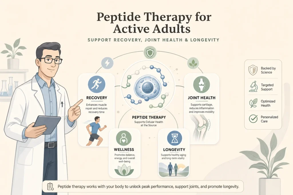 Illustration of Peptides for Active Adults: Recovery, Joint Health, and Longevity in a modern medical wellness setting