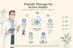 Illustration of Peptides for Active Adults: Recovery, Joint Health, and Longevity in a modern medical wellness setting