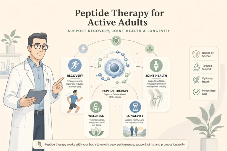 Illustration of Peptides for Active Adults: Recovery, Joint Health, and Longevity in a modern medical wellness setting