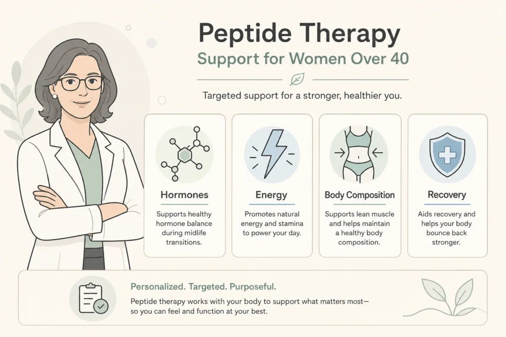 Supporting illustration for Peptides for Women Over 40: A Guide to Hormones, Energy, and Body Composition in a modern medical wellness setting