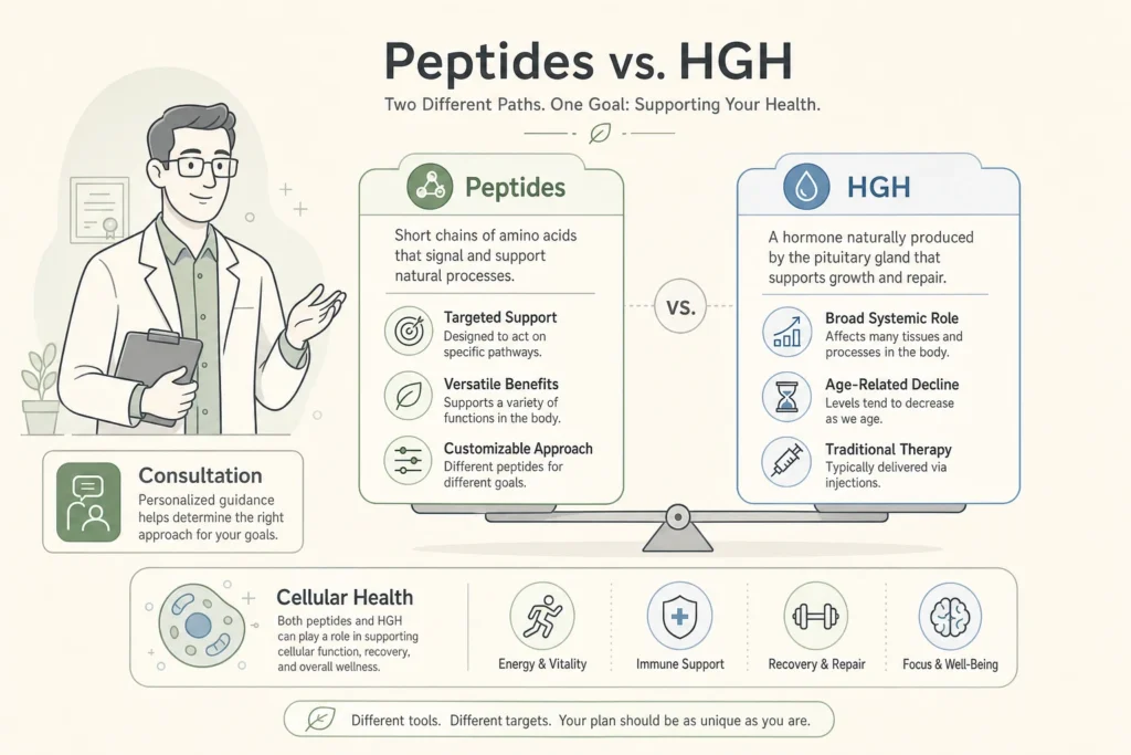 Illustration of Peptides vs HGH: Which Is Safer, More Effective, and Right for You? in a modern medical wellness setting