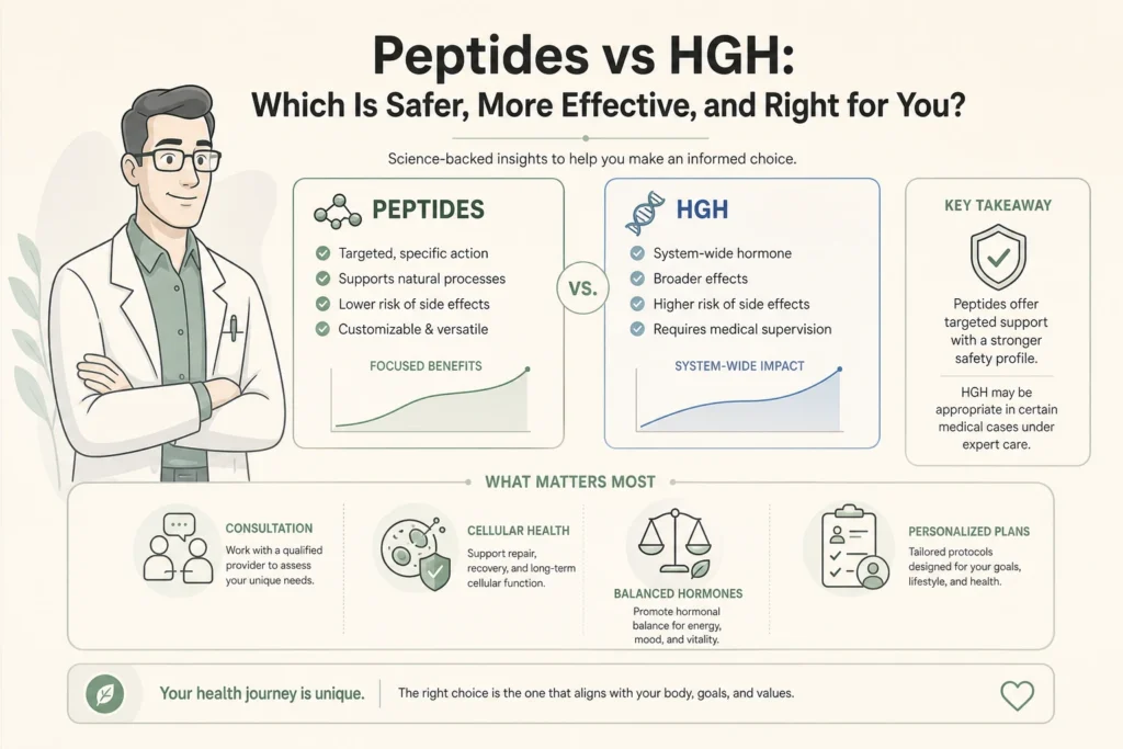 Supporting illustration for Peptides vs HGH: Which Is Safer, More Effective, and Right for You? in a modern medical wellness setting
