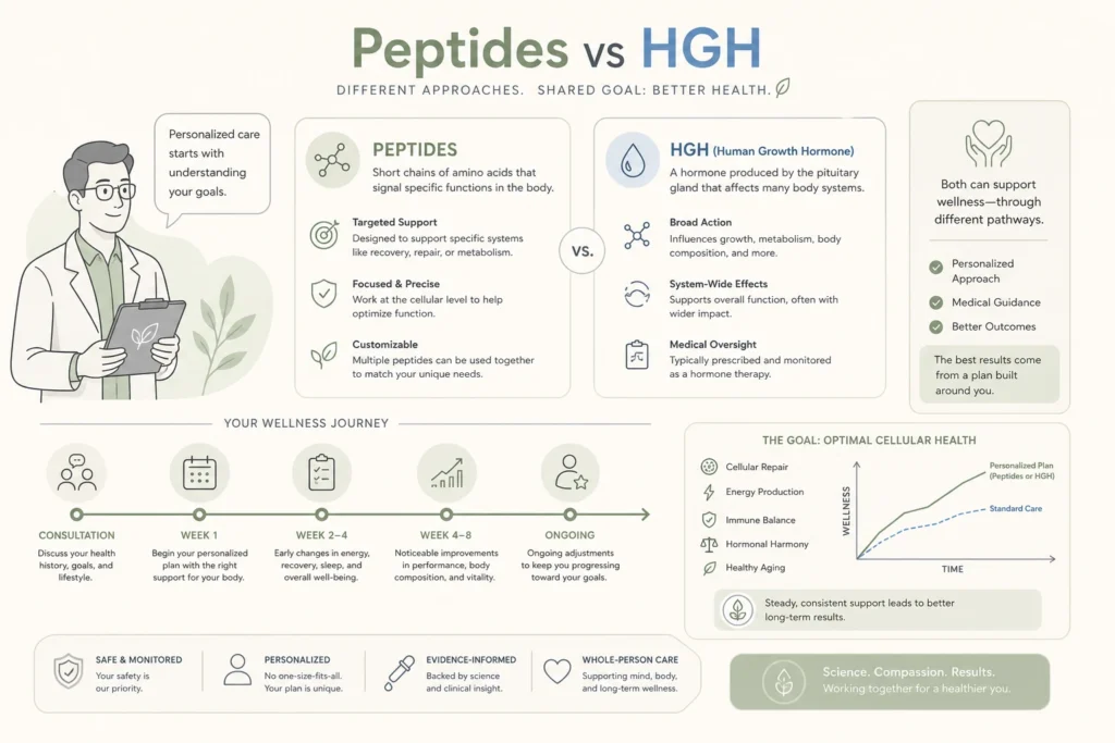 Supporting illustration for Peptides vs HGH: Which Is Safer, More Effective, and Right for You? in a modern medical wellness setting