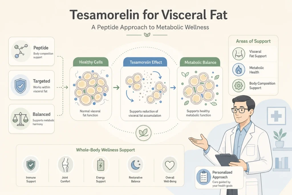 Illustration of Tesamorelin for Visceral Fat: A Closer Look at Body Composition Peptides in a modern medical wellness setting
