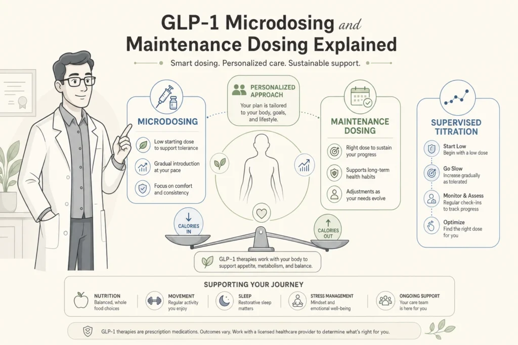 Illustration of GLP-1 Microdosing and Maintenance Dosing Explained in a modern medical wellness setting