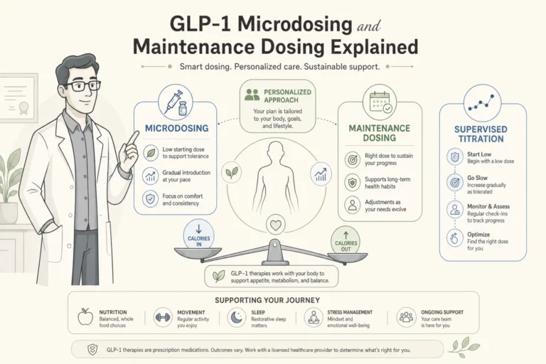 Illustration of GLP-1 Microdosing and Maintenance Dosing Explained in a modern medical wellness setting