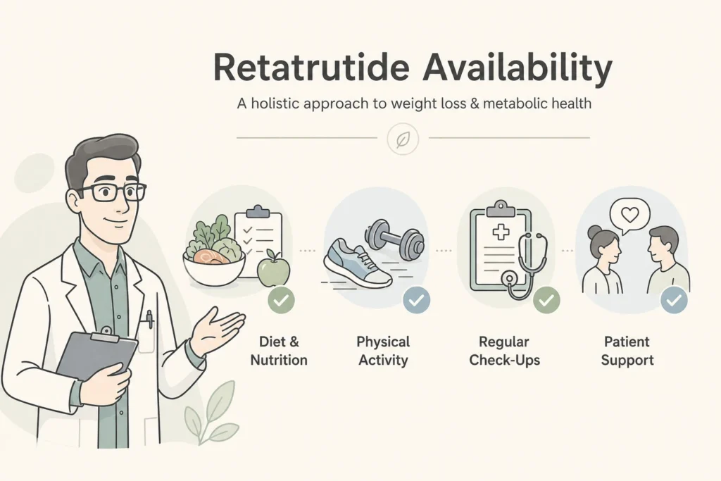 Retatrutide availability overview covering diet, activity, check-ups and support