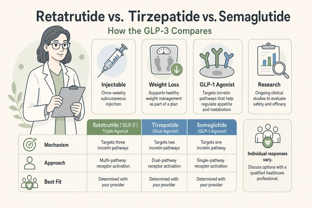 Retatrutide vs tirzepatide vs semaglutide mechanism and agonist comparison chart