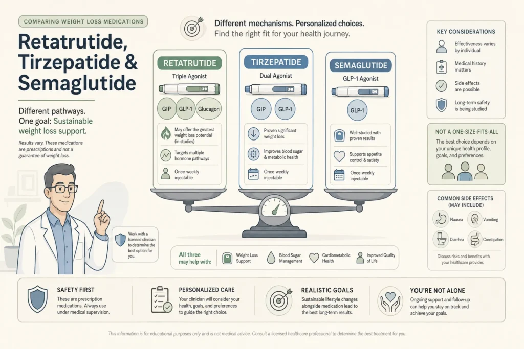 Retatrutide, tirzepatide and semaglutide compared side by side