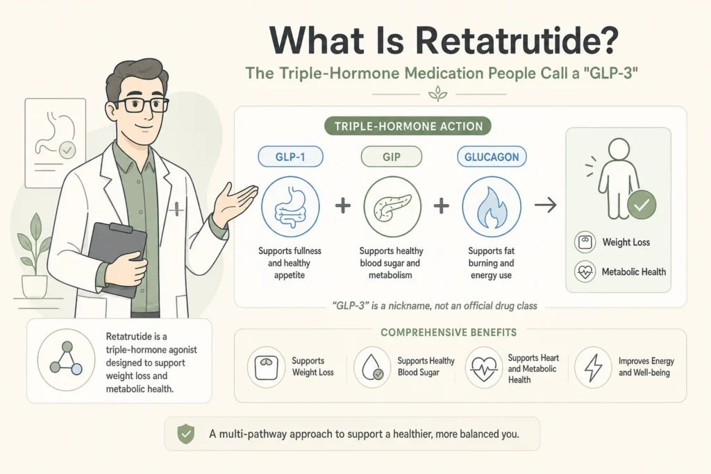 Retatrutide triple-hormone action across GLP-1, GIP and glucagon pathways