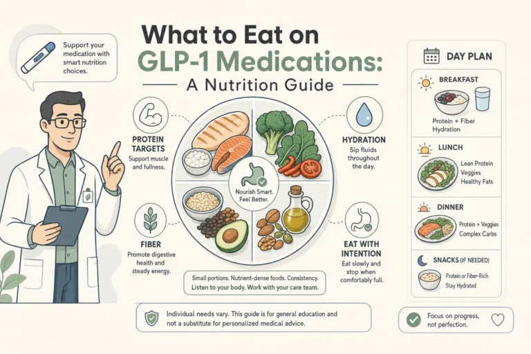 Illustration of What to Eat on GLP-1 Medications: A Nutrition Guide in a modern medical wellness setting