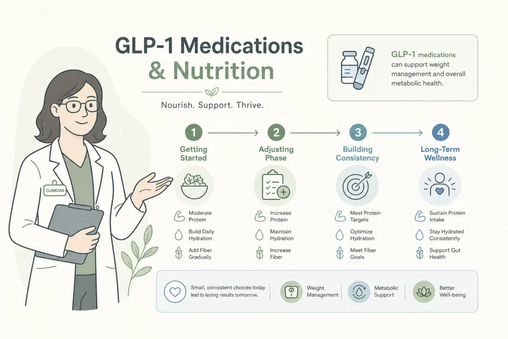 Supporting illustration for What to Eat on GLP-1 Medications: A Nutrition Guide in a modern medical wellness setting