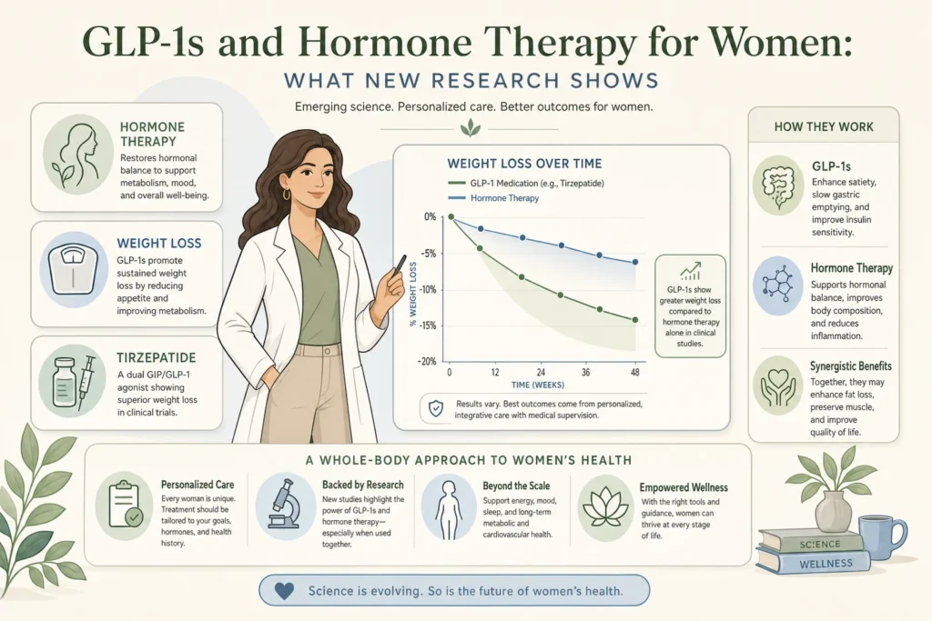 Illustration of GLP-1s and Hormone Therapy for Women: What New Research Shows in a modern medical wellness setting
