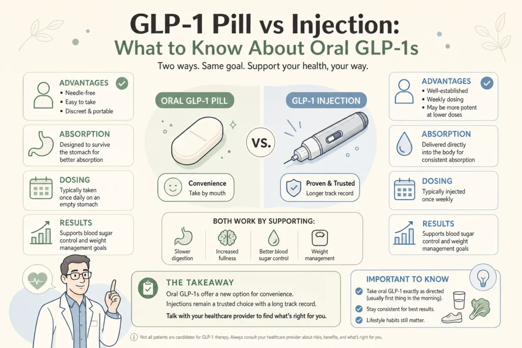 Illustration of GLP-1 Pill vs Injection: What to Know About Oral GLP-1s in a modern medical wellness setting