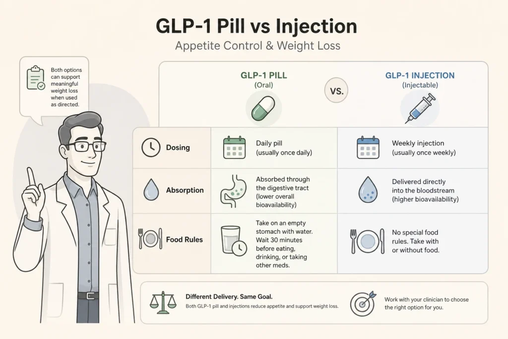 Supporting illustration for GLP-1 Pill vs Injection: What to Know About Oral GLP-1s in a modern medical wellness setting