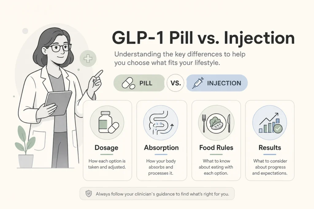 Supporting illustration for GLP-1 Pill vs Injection: What to Know About Oral GLP-1s in a modern medical wellness setting