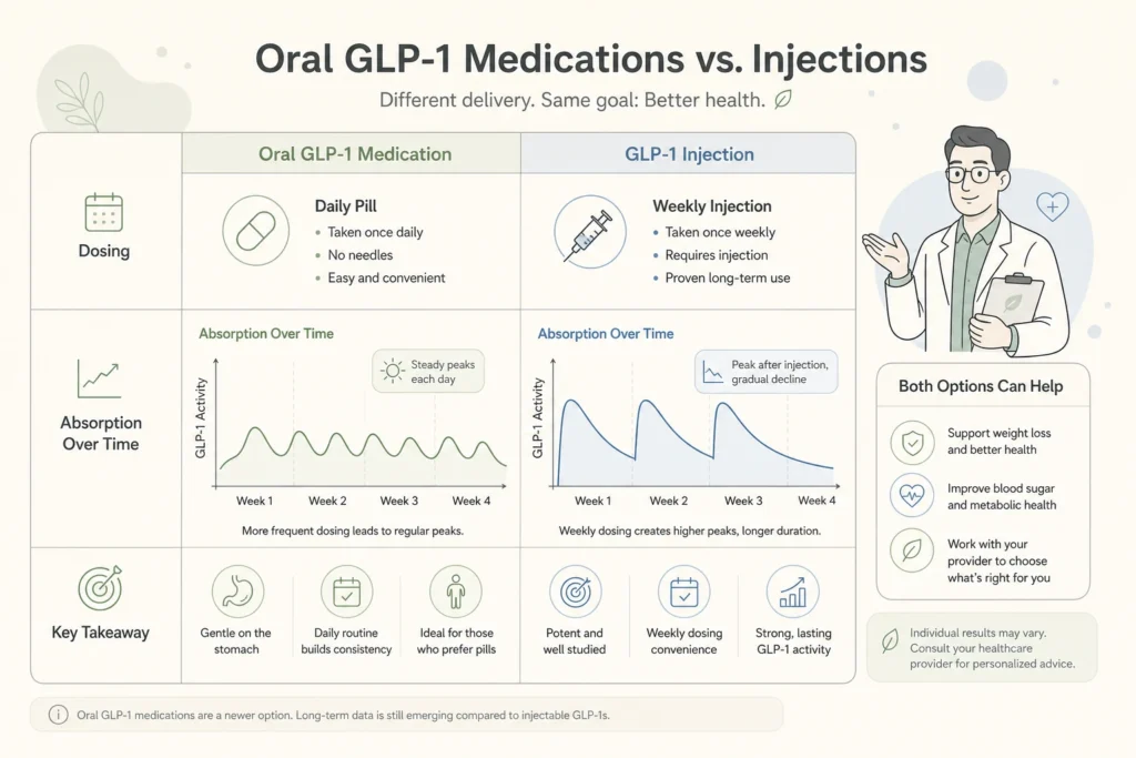 Supporting illustration for GLP-1 Pill vs Injection: What to Know About Oral GLP-1s in a modern medical wellness setting