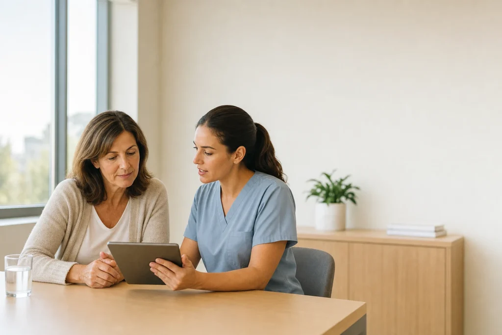 Patient and clinician reviewing weight loss medication information together in a bright consultation room at Body Works in Franklin and Nolensville TN
