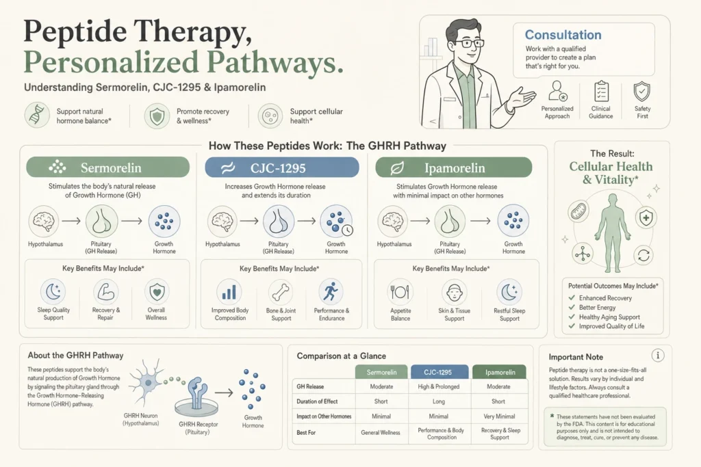 Illustration of Sermorelin vs CJC-1295 and Ipamorelin: Which Is Right for You? in a modern medical wellness setting