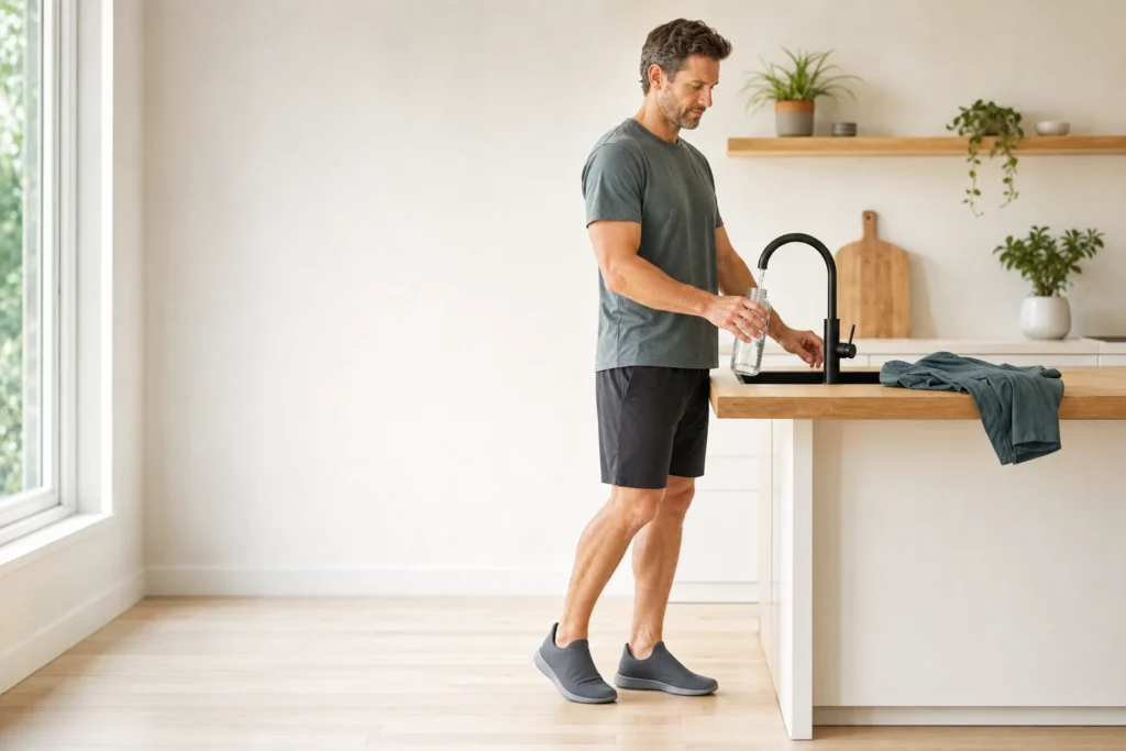 Man preparing for a morning walk in a sunlit kitchen, representing physician-supervised tirzepatide weight loss care at Body Works in Franklin and Nolensville TN