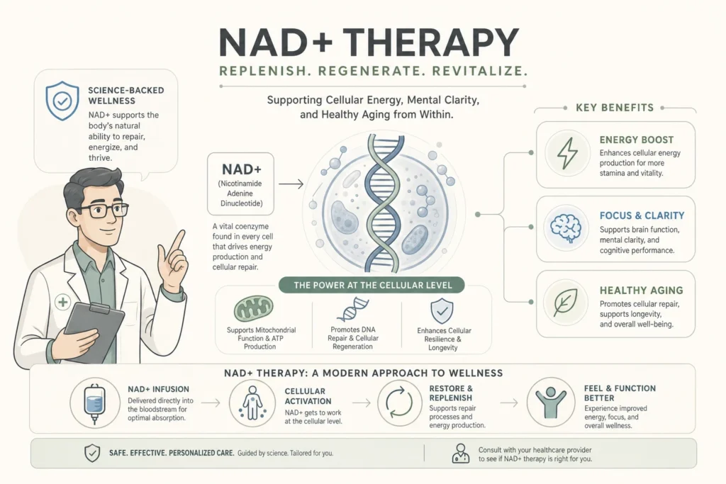 Illustration of What Is NAD+ Therapy? Benefits, Science, and What to Expect in a modern medical wellness setting