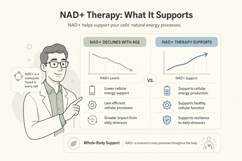Supporting illustration for What Is NAD+ Therapy? Benefits, Science, and What to Expect in a modern medical wellness setting