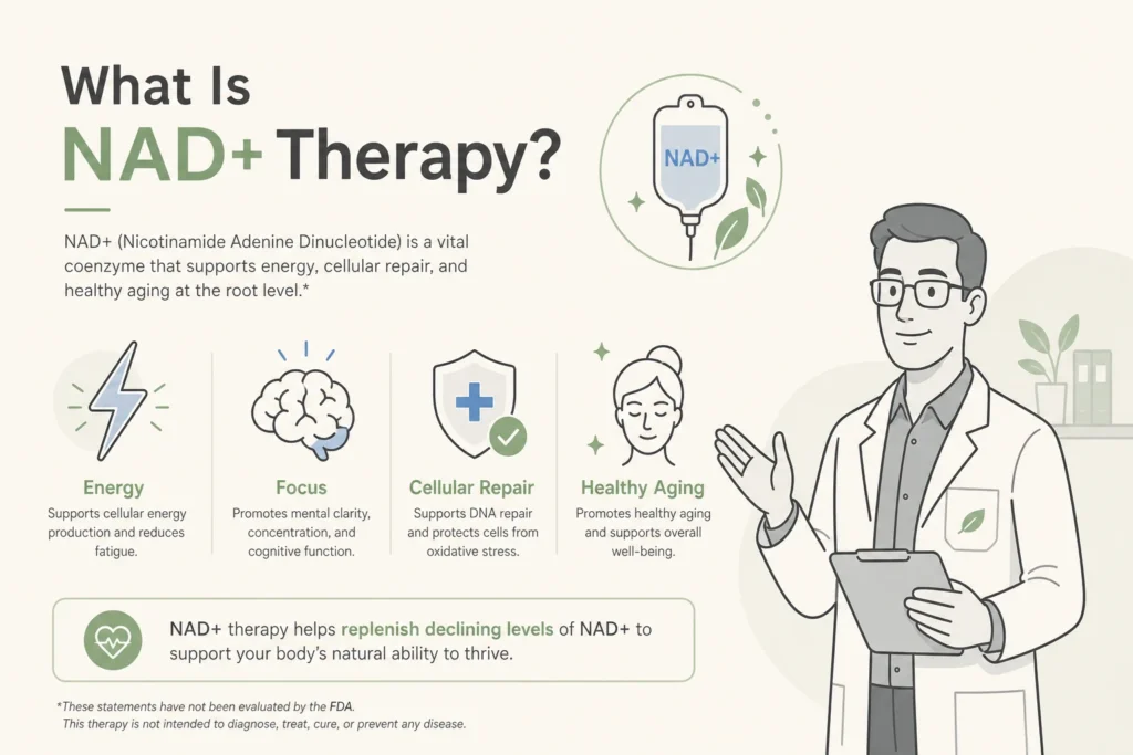 Supporting illustration for What Is NAD+ Therapy? Benefits, Science, and What to Expect in a modern medical wellness setting