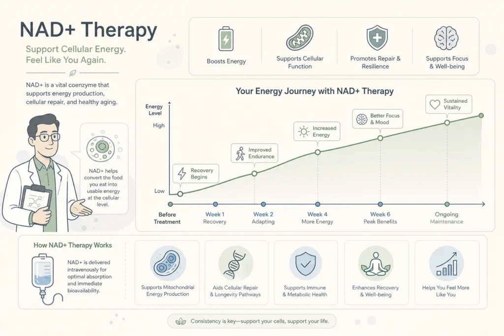 Supporting illustration for What Is NAD+ Therapy? Benefits, Science, and What to Expect in a modern medical wellness setting