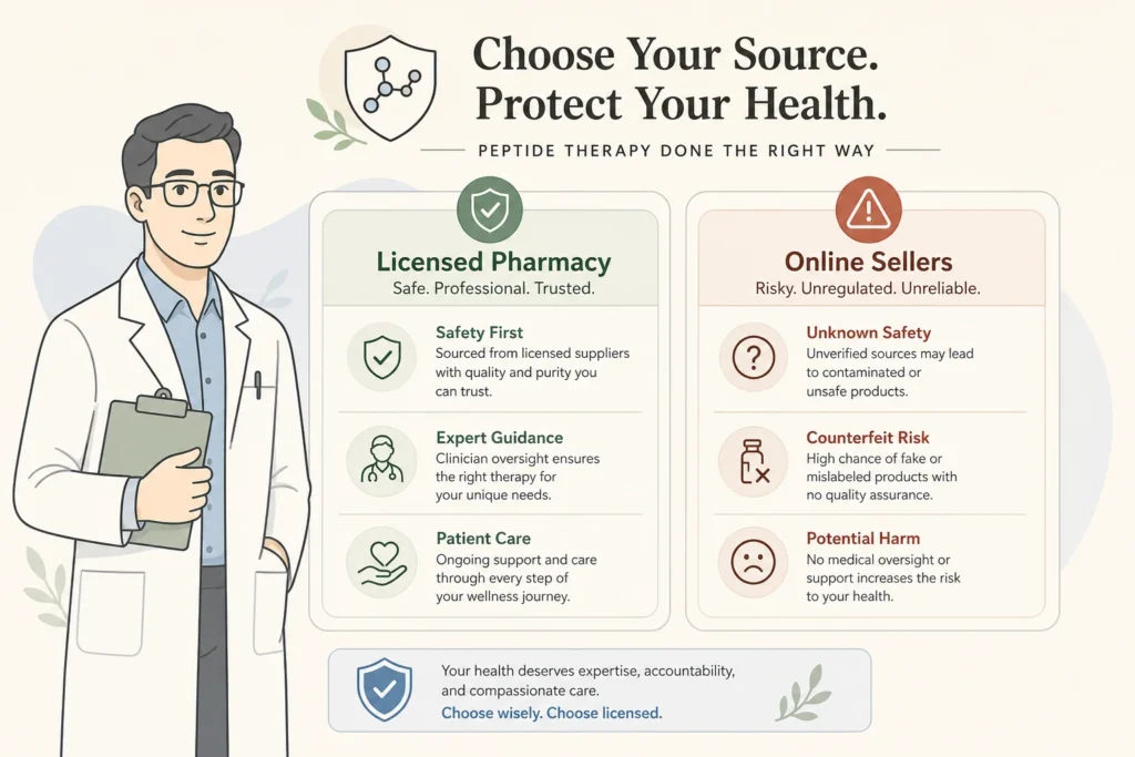 Supporting illustration for The Real Dangers of Buying Peptides Online in a modern medical wellness setting