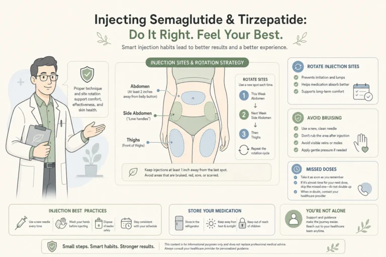 Illustration of How to Inject Semaglutide and Tirzepatide: Sites, Rotation, and Missed Doses in a modern medical wellness setting