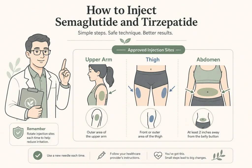 Supporting illustration for How to Inject Semaglutide and Tirzepatide: Sites, Rotation, and Missed Doses in a modern medical wellness setting