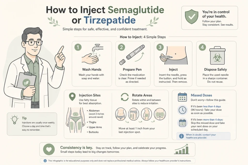 Supporting illustration for How to Inject Semaglutide and Tirzepatide: Sites, Rotation, and Missed Doses in a modern medical wellness setting