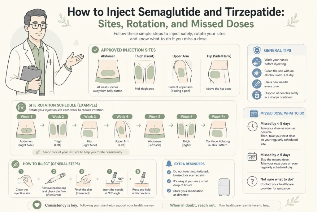 Supporting illustration for How to Inject Semaglutide and Tirzepatide: Sites, Rotation, and Missed Doses in a modern medical wellness setting