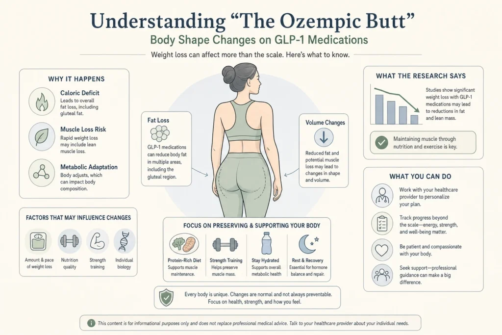 Illustration of The “Ozempic Butt” and Body Shape Changes on GLP-1 Medications in a modern medical wellness setting