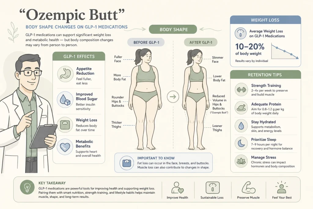 Supporting illustration for The “Ozempic Butt” and Body Shape Changes on GLP-1 Medications in a modern medical wellness setting