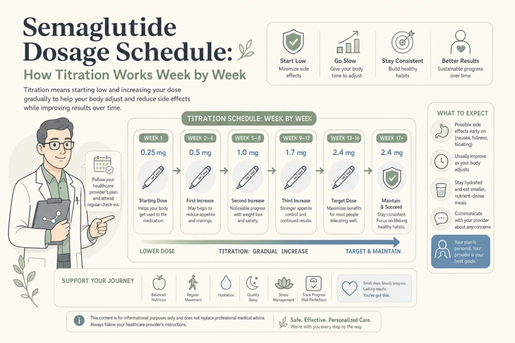 Illustration of Semaglutide Dosage Schedule: How Titration Works Week by Week in a modern medical wellness setting