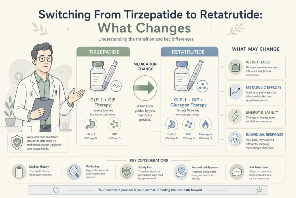 Illustration of Switching From Tirzepatide to Retatrutide: What Changes in a modern medical wellness setting