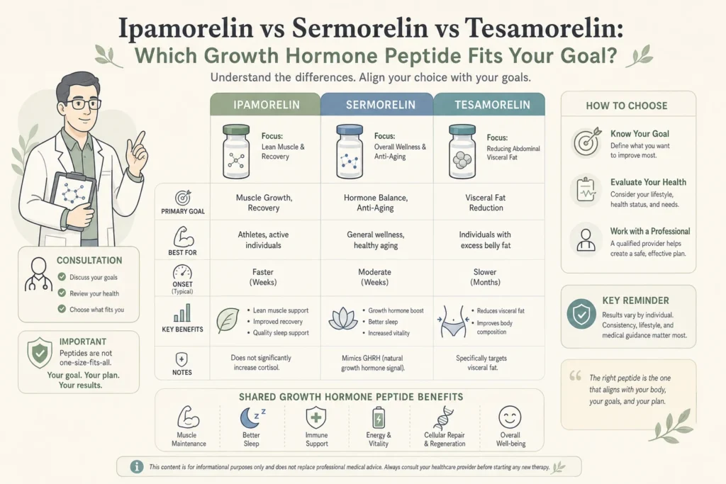Illustration of Ipamorelin vs Sermorelin vs Tesamorelin: Which Growth Hormone Peptide Fits Your Goal in a modern medical wellness setting
