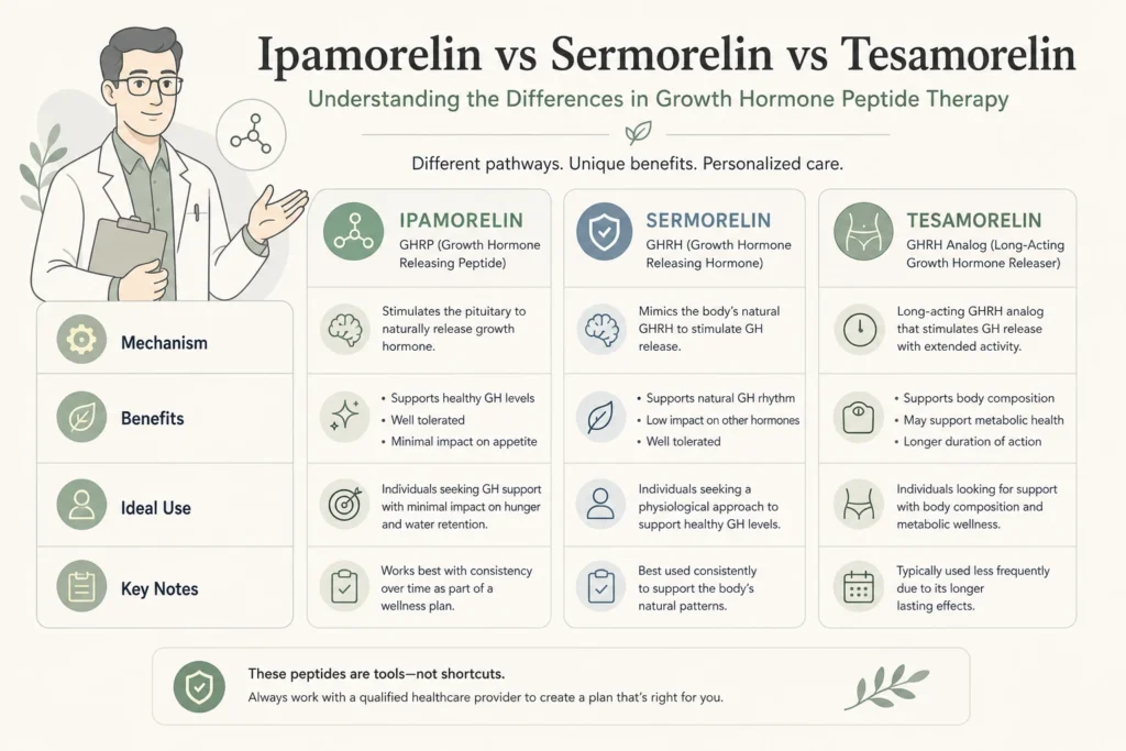 Supporting illustration for Ipamorelin vs Sermorelin vs Tesamorelin: Which Growth Hormone Peptide Fits Your Goal in a modern medical wellness setting