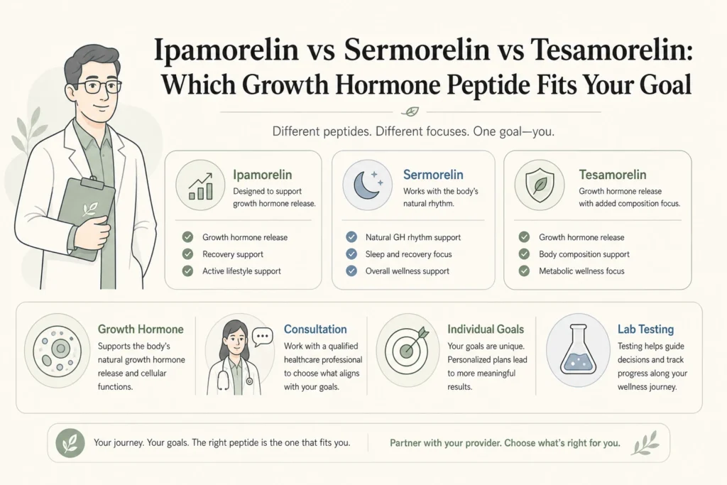 Supporting illustration for Ipamorelin vs Sermorelin vs Tesamorelin: Which Growth Hormone Peptide Fits Your Goal in a modern medical wellness setting