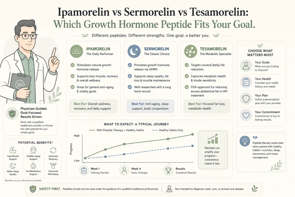 Supporting illustration for Ipamorelin vs Sermorelin vs Tesamorelin: Which Growth Hormone Peptide Fits Your Goal in a modern medical wellness setting